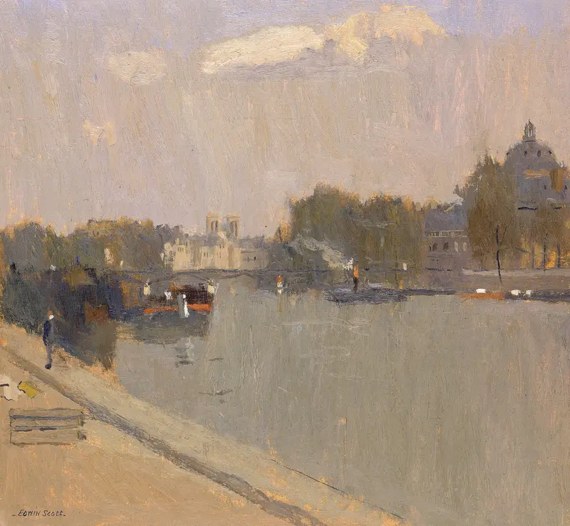 The Seine at Paris, oil on canvas by Frank Edwin Scott, depicting a tranquil river landscape.