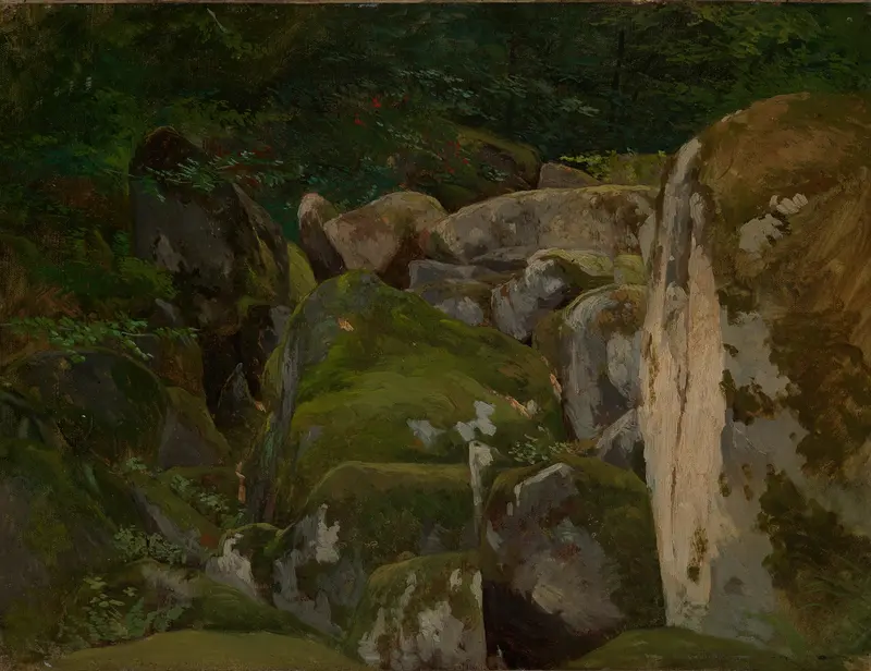 Moss-covered stones in a forest illuminated by dappled sunlight, oil painting by Eugen Bracht