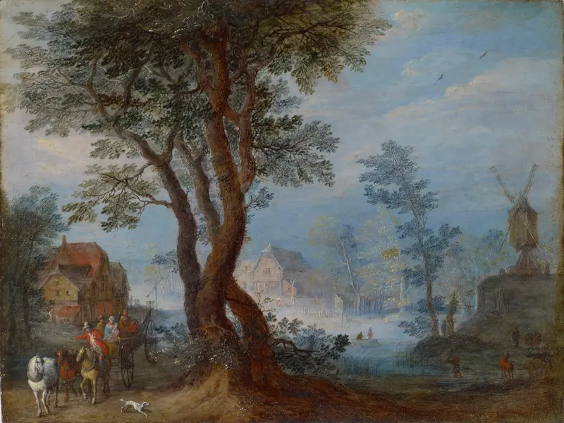 Village landscape with staffage figures, oil painting by Jan Brueghel the Elder