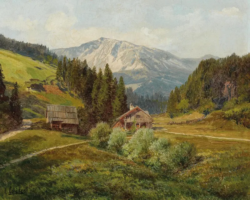 Landscape of an alpine pasture with wildflowers, oil painting by Konrad Petrides