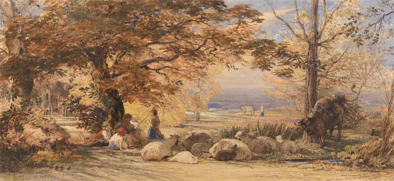 Landscape featuring hillside and cottages by Samuel Palmer, oil painting