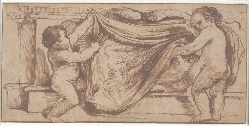 Guercino's painting features two putti playfully covering a cartouche with a tapestry of a lute player.