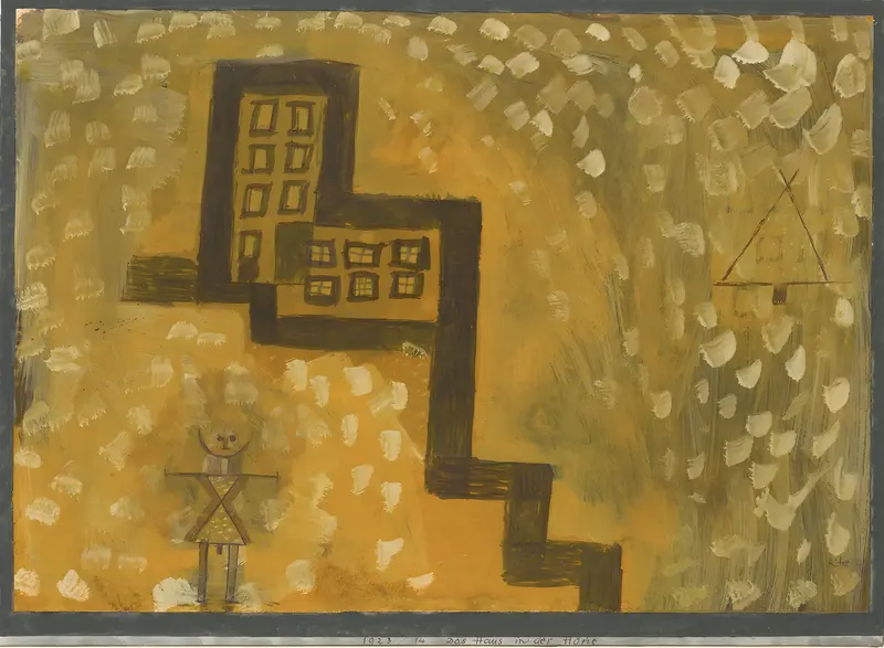 This painting depicts a whimsical house perched on a hill, surrounded by vibrant colors.