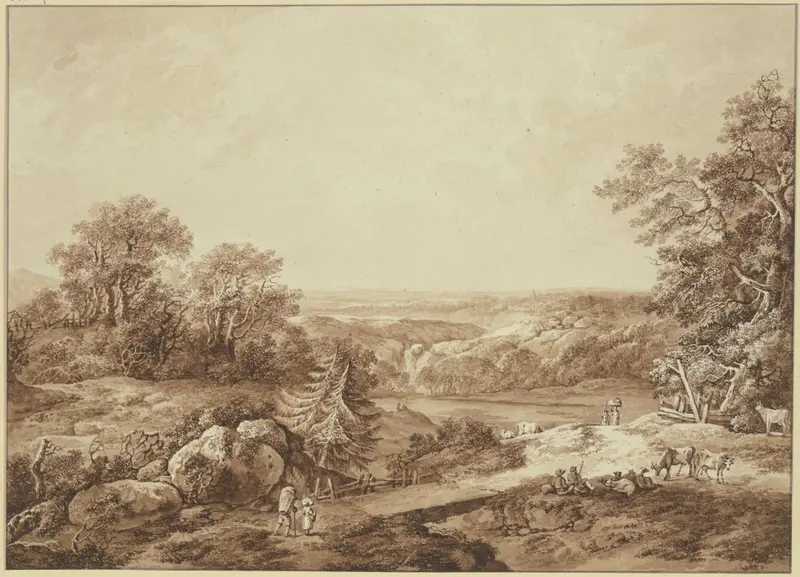 Landscape with shepherds and farmers, oil on canvas by Johann Heinrich Wüest