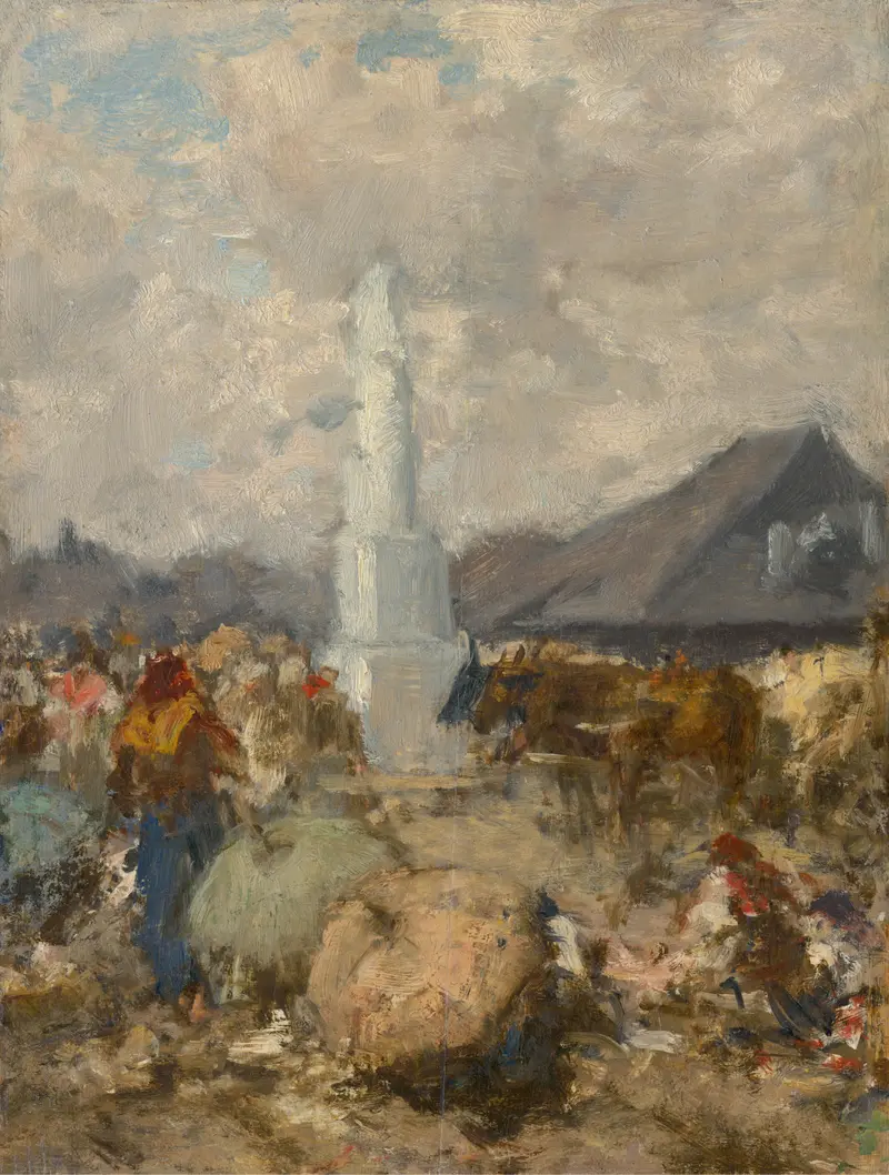 A bustling market scene with a pale monument at the center, surrounded by blurred figures and lively activity.