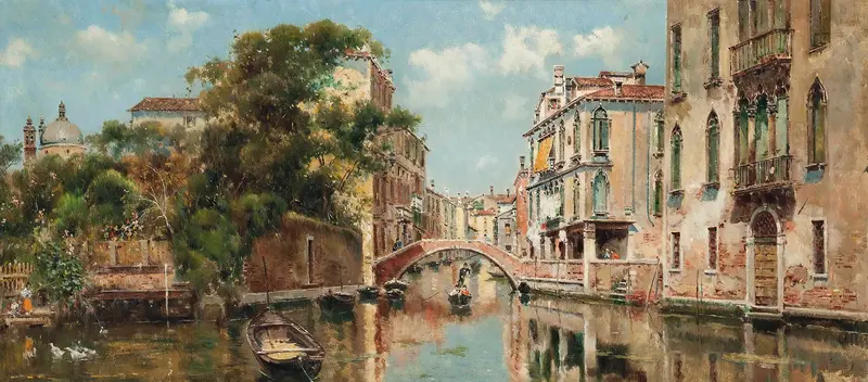 A gondolier near a Venetian bridge, oil on canvas by Antonio María de Reyna Manescau.