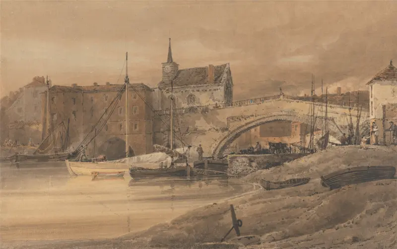 Ouse Bridge, York by Thomas Girtin, watercolor on paper depicting a tranquil river and bridge.