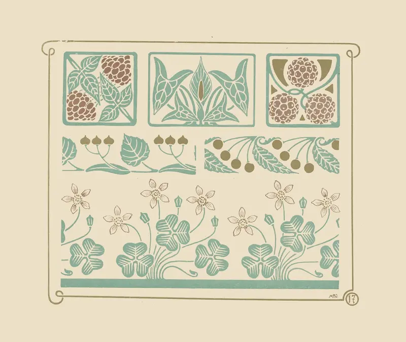 Abstract design featuring leaf, clover, and berry shapes, oil painting by Maurice Pillard Verneuil