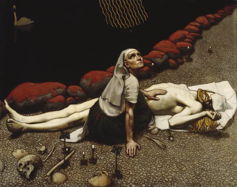A mother mourns over the pale body of a young man, surrounded by bones and a dark river, with a swan gliding in the background.
