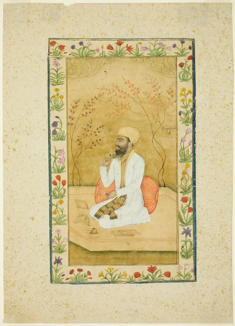 Portrait of an artist or scholar by Mughal, gold medium, featuring a dignified figure with rich jewel tones.