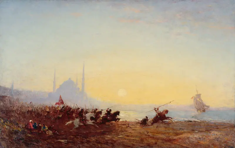 Fantasia À Constantinople by Félix Ziem, oil on canvas depicting a serene landscape with minarets and water.