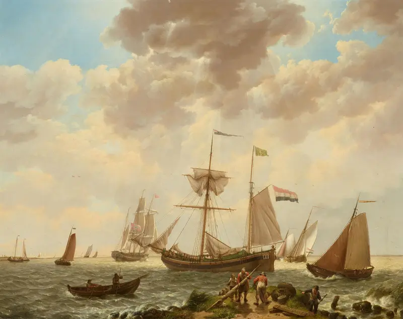 Marine scene with sailboats at sunset, oil painting by Johannes Hermanus Koekkoek