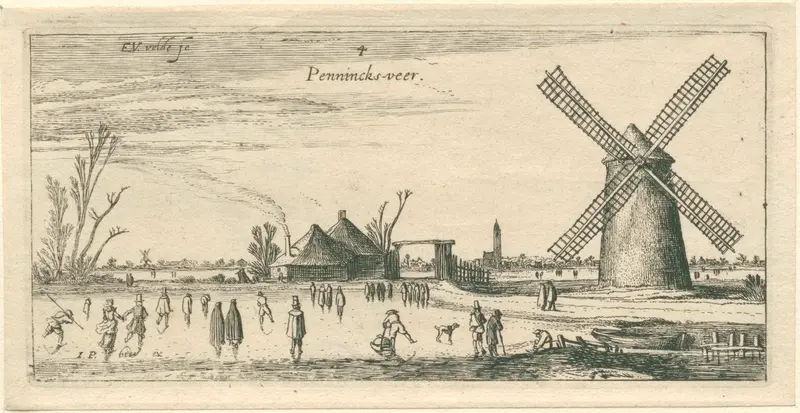 Schaatsers op het ijs bij een molen in de buurt van Penningsveer, etching by Esaias van de Velde