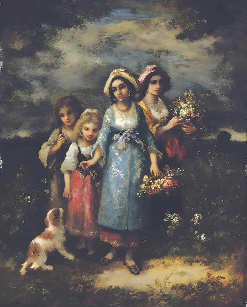 A painting of a woman picking flowers in a lush garden.