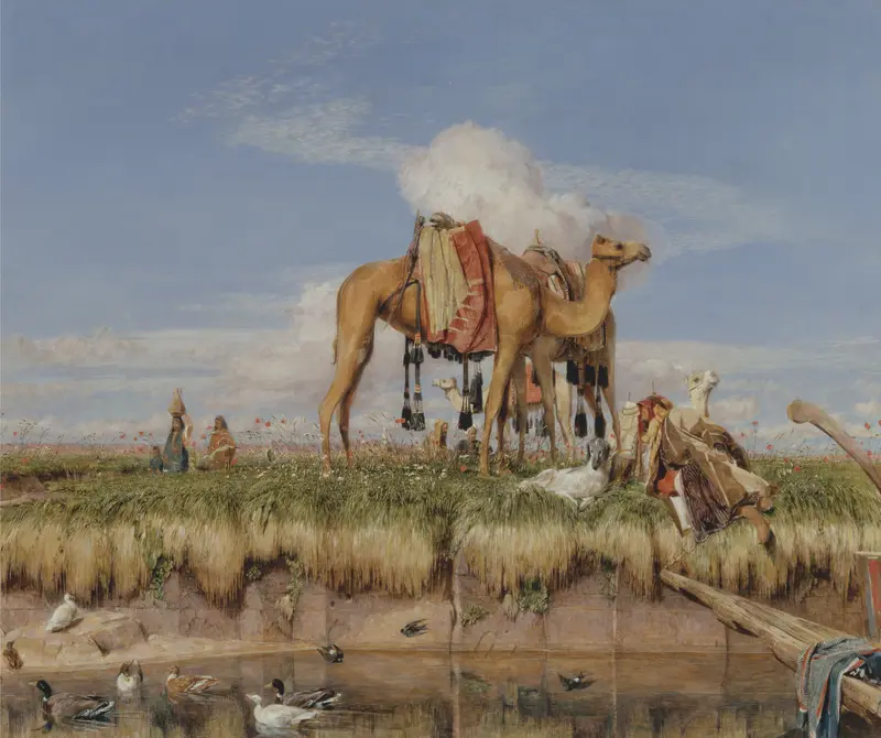 On the Banks of the Nile by John Frederick Lewis, oil painting depicting lush palm trees and the Nile.
