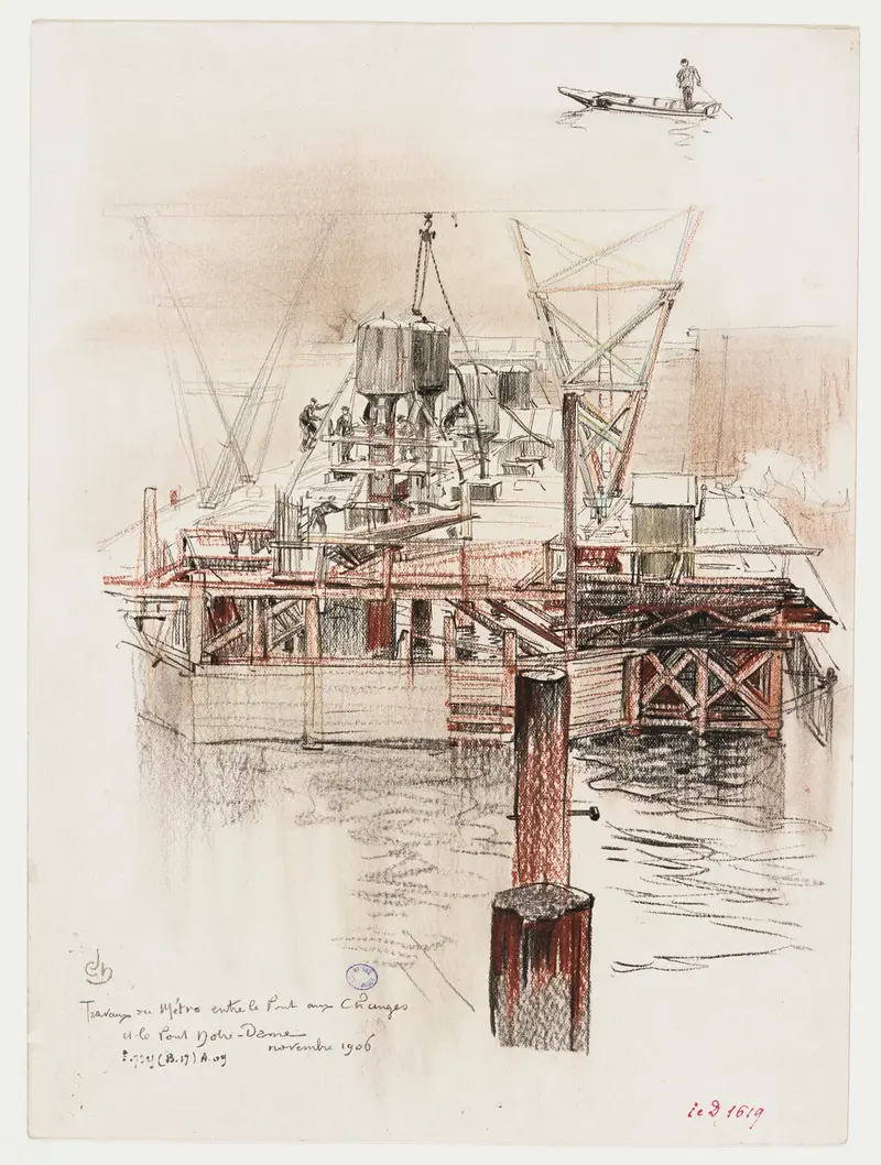Construction scene of the metro in Paris, watercolor on paper by Charles Jouas