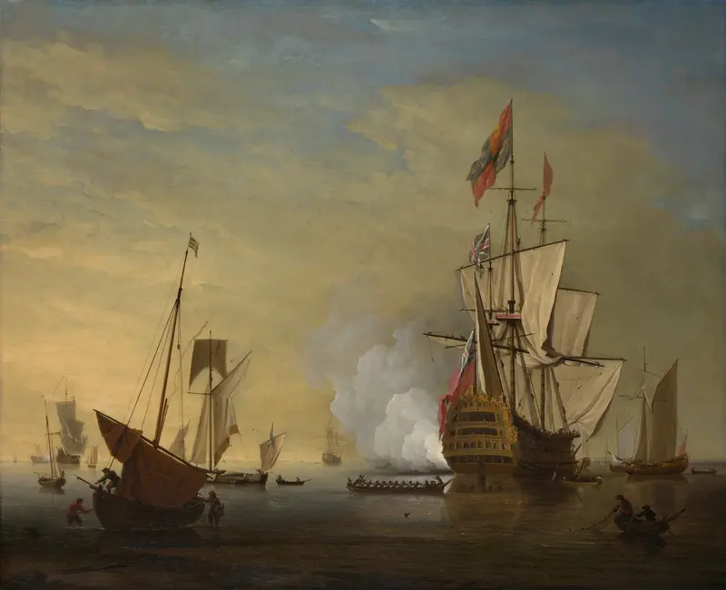 Harbor Scene by Peter Monamy, oil on canvas, depicting an English ship firing a gun on a stormy sea.