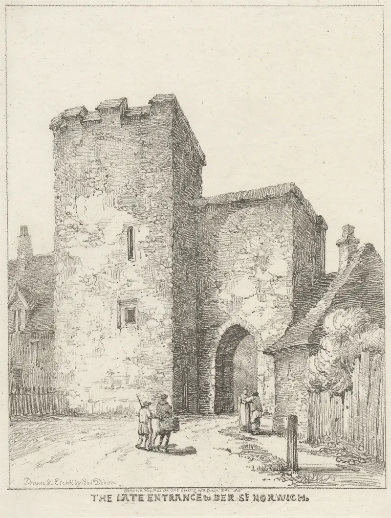 Genre scene depicting figures conversing on a cobblestone path, oil painting by Robert Dixon.