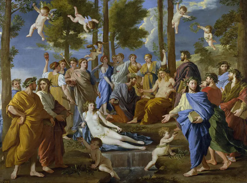 Nicolas Poussin's 'Parnassus' depicts Apollo and the Muses in a classical setting.