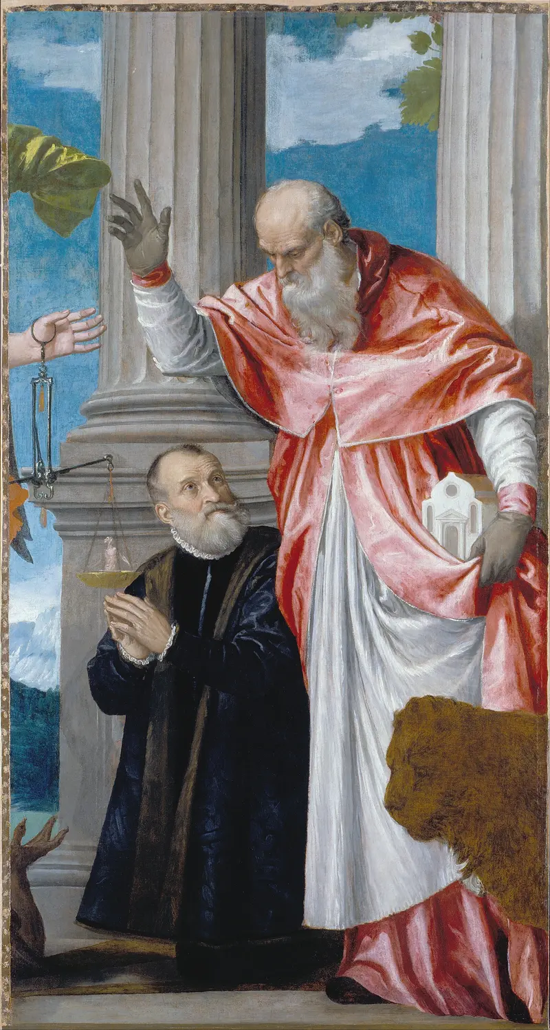 Saint Jerome kneels in contemplation beside a donor in this vibrant Renaissance painting.