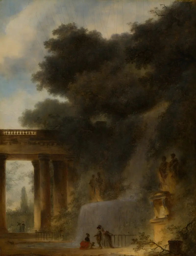Rococo landscape with a waterfall, oil painting by Jean-Honoré Fragonard