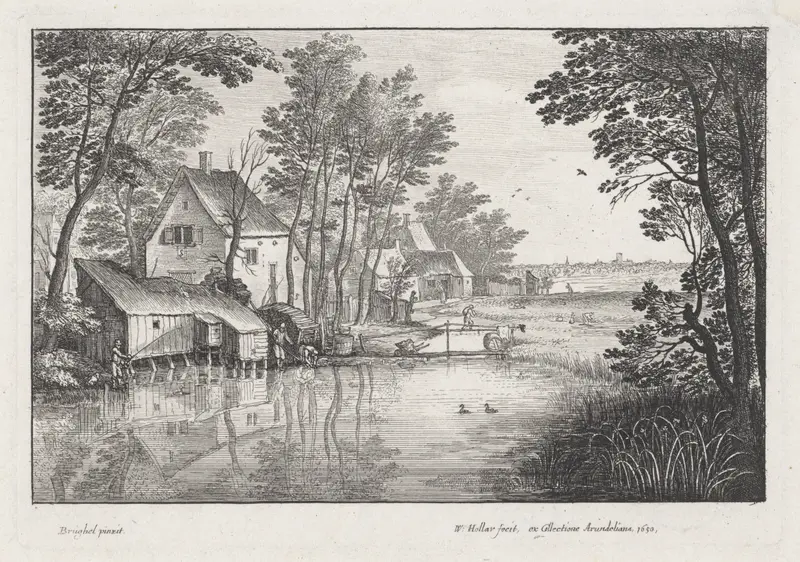 Landschap met huizen aan een sloot, etching by Wenceslaus Hollar depicting a tranquil river landscape.