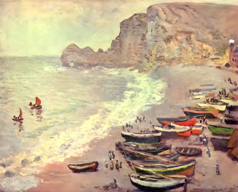 Fishing boats rest on a sandy beach with small figures nearby, sailboats on the sea, and a steep cliff with the Porte d'Amont arch in the background.