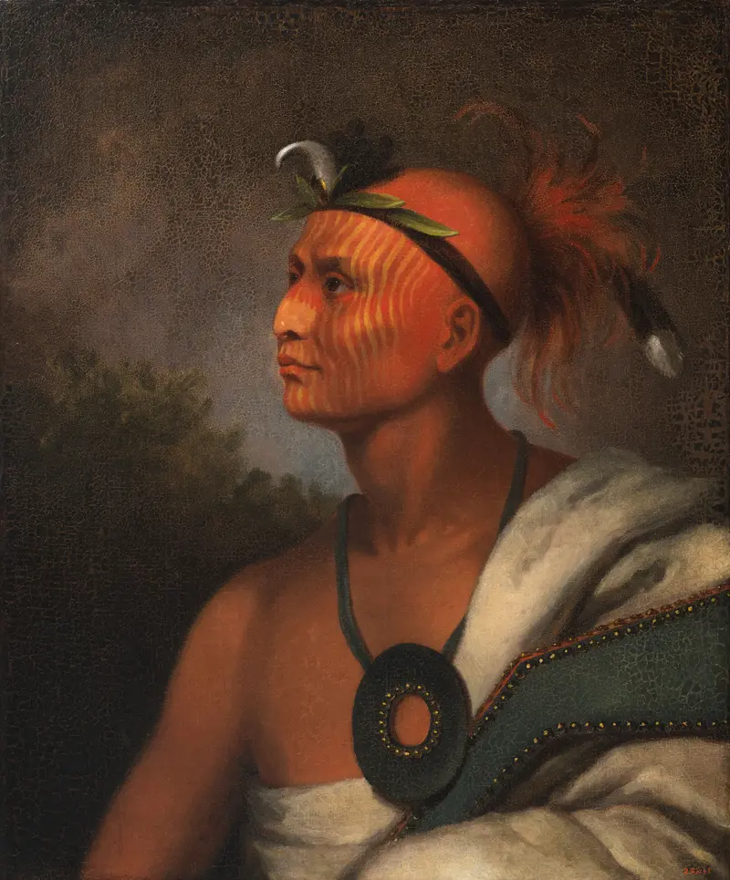 Historical oil painting by Henry Inman depicting a Sauk warrior with rising clouds.