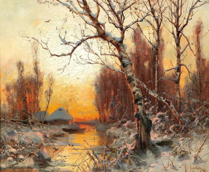 Winter landscape with birch tree in evening light, oil on canvas by Julius Sergius Klever