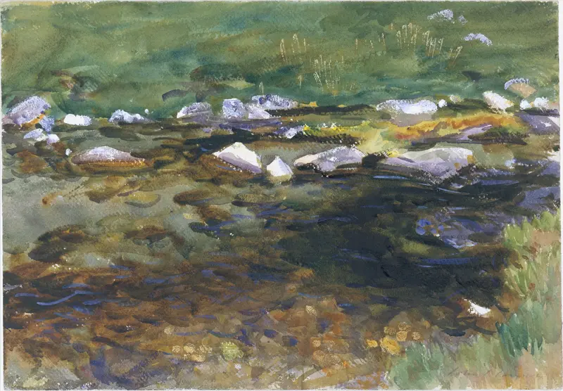 Brook and Meadow by John Singer Sargent, oil on canvas depicting a serene landscape with green grass and a flowing brook.