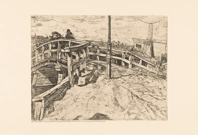 Brug in de Baarsjes, oil on canvas by Pieter Dupont, depicting a bridge over a calm canal surrounded by nature.