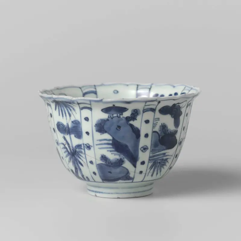 Porcelain depicting figures and ships in water by Unknown Artist