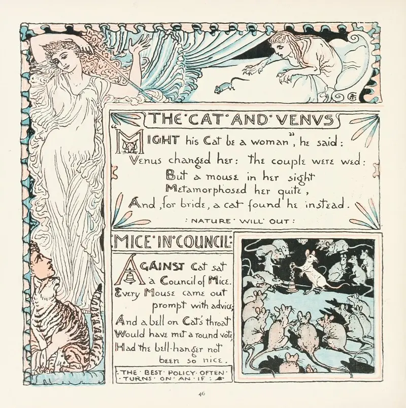 Walter Crane's 'The Cat and Venus, Mice in Council' features whimsical animal characters in a playful setting.