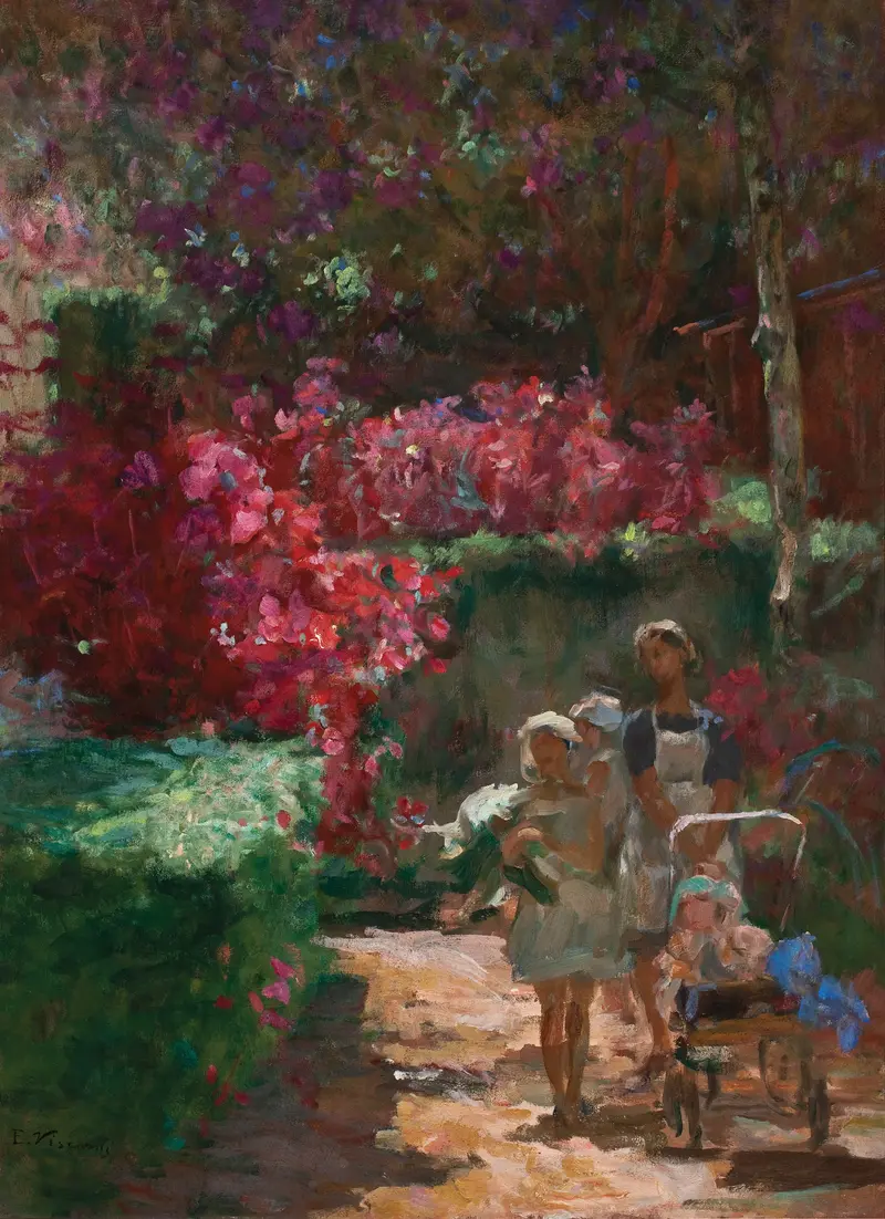 Oil painting by Eliseu Visconti depicting figures strolling in a park with dappled light.
