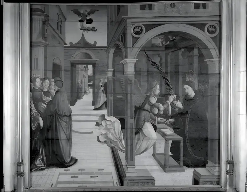 Renaissance oil on panel depicting the Madonna with a figure in blue, unidentified artist.