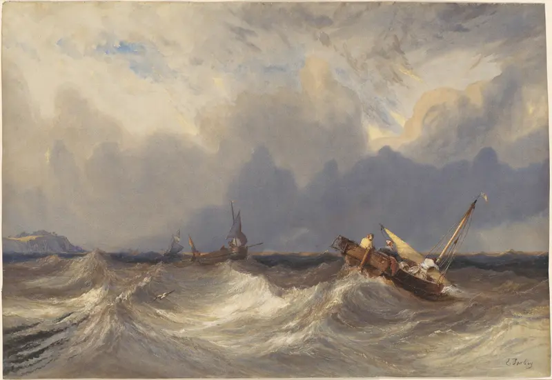 Fishing Boats Tossed before a Storm, oil on canvas by Eugène Isabey, depicting turbulent sea and boats.