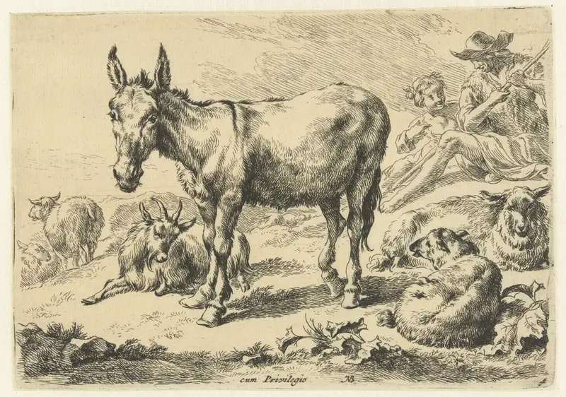 Ezel staand tussen rustende schapen, een geit en herders, etching by Nicolaes Pietersz Berchem