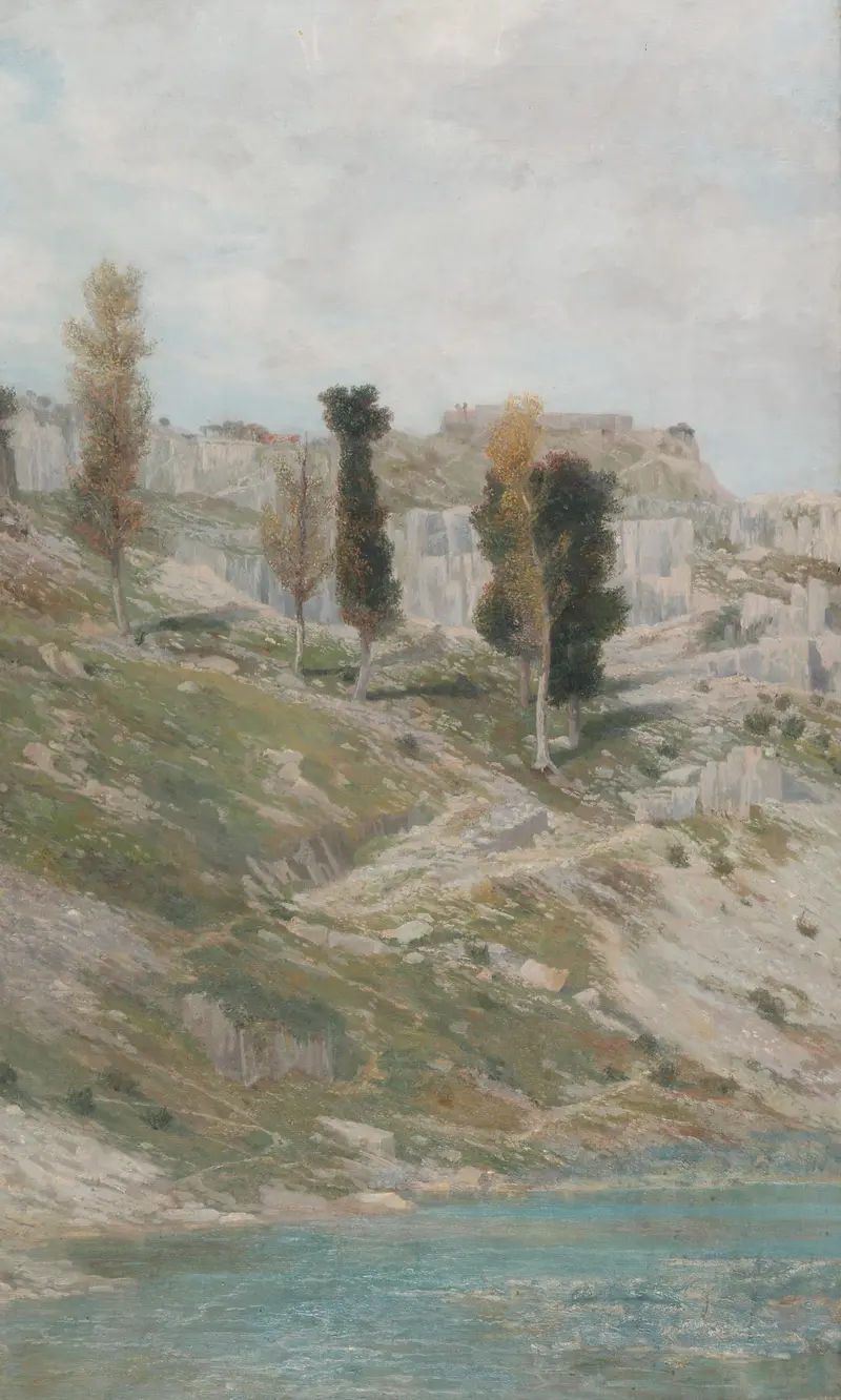 Felsenlandschaft bei St. Canzian by Karl Mediz, oil on canvas depicting a rugged landscape.