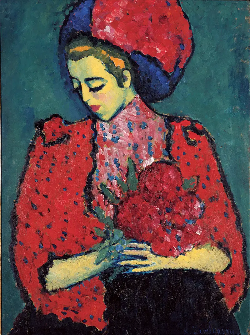A young girl with a lemony glow cradles peonies, her colorful dress and hat contrasting against a deep teal background.