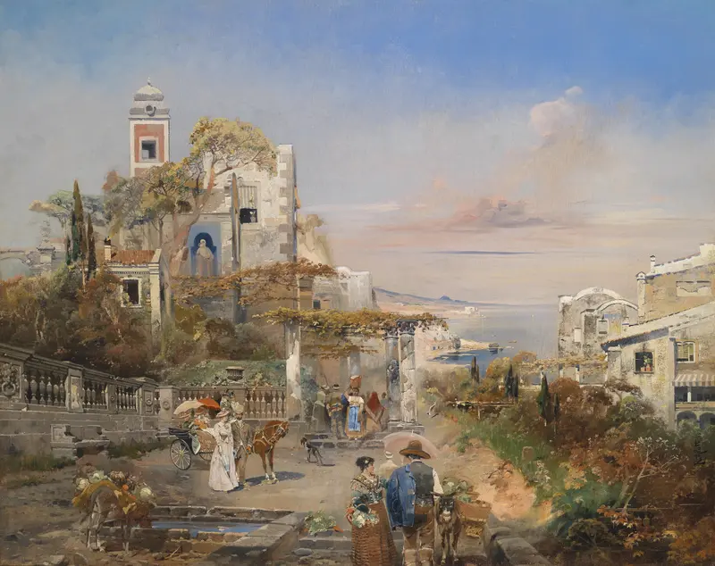 Südliches Capriccio by Robert Alott, oil on canvas depicting a dreamlike landscape and architecture.