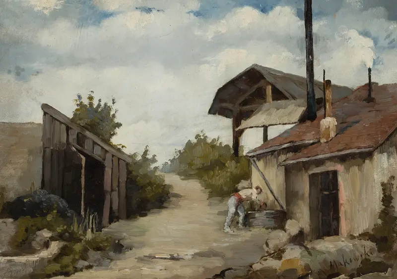 Landscape – Farmstead by Tadeusz Makowski, oil painting depicting a tranquil farmstead scene.