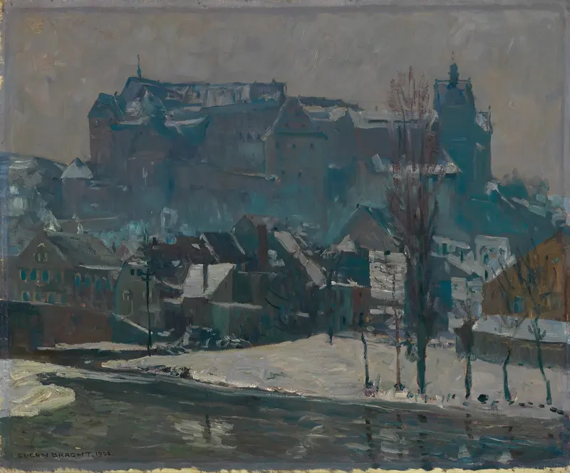 Winter landscape of Kolditz with snow, oil on canvas by Eugen Bracht