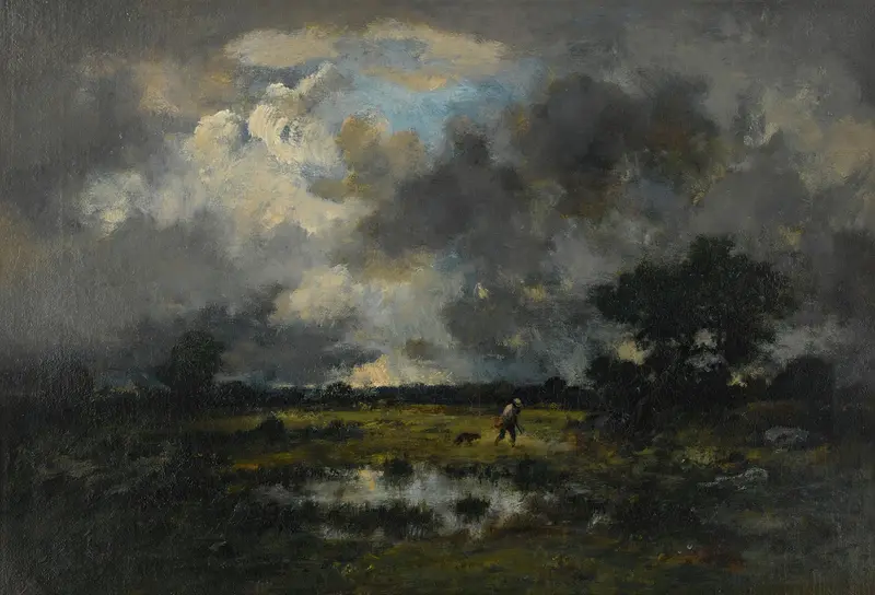 L’orage by Narcisse-Virgile Diaz de La Peña, oil painting depicting a stormy landscape with golden light.