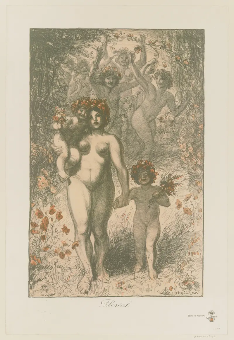 A procession of figures in a woodland, with a central woman and children adorned with spring flowers.