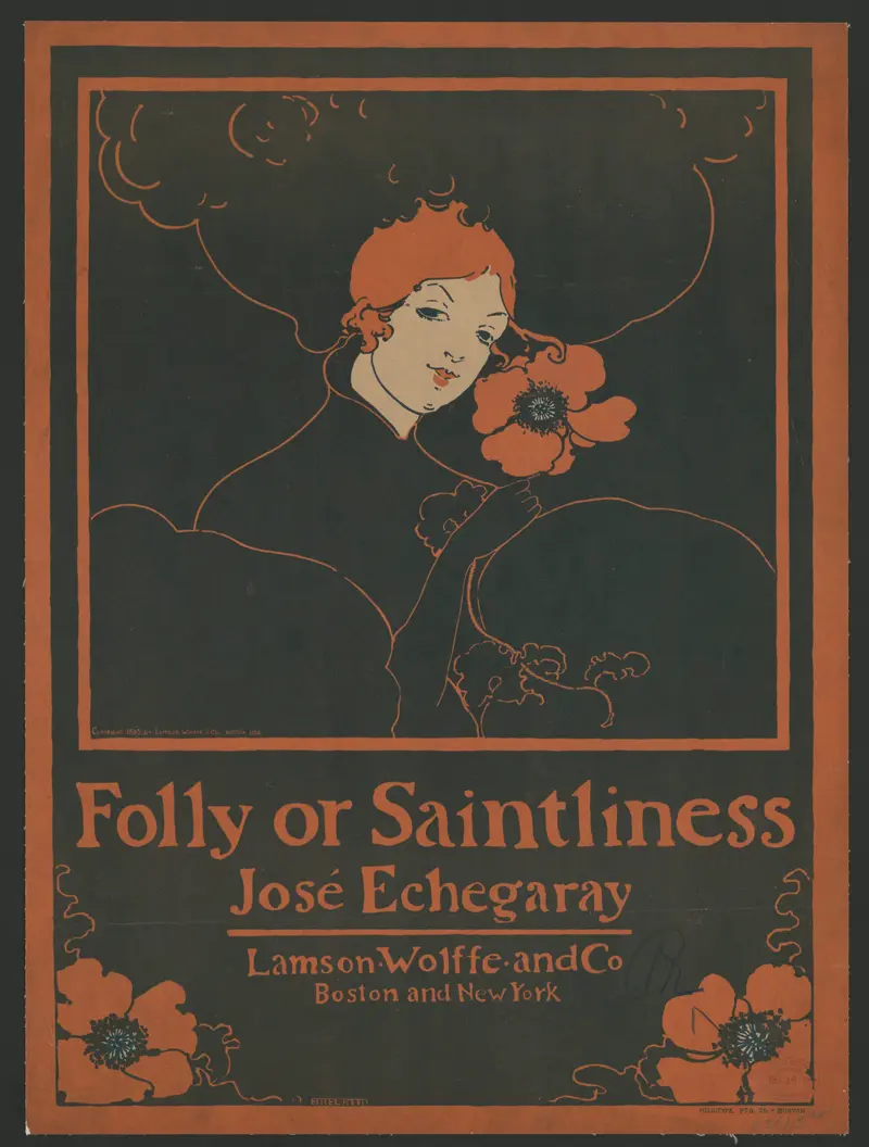 A flame-haired woman in a black background holds a red poppy, her gaze direct and enigmatic.