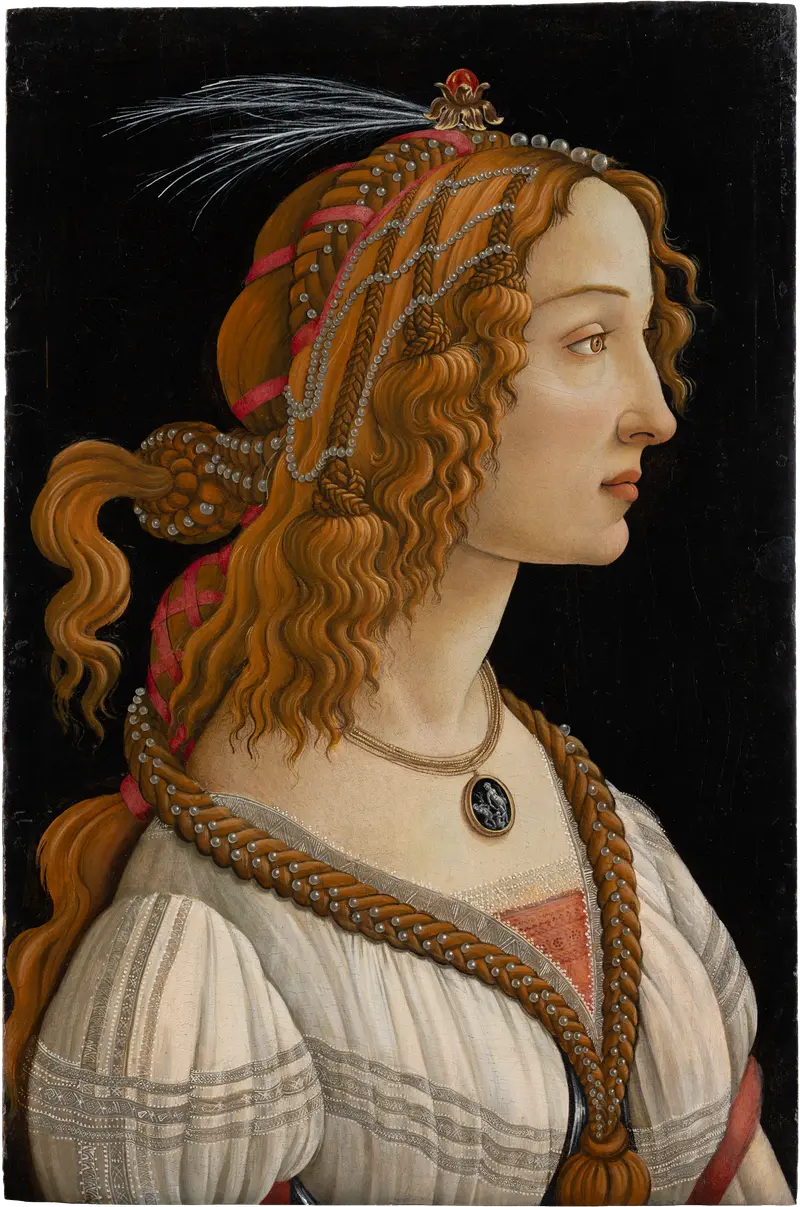 A young woman in strict profile with flowing red hair braided with pearls and a pink ribbon, wearing a ruby ornament and pearl necklace against a black background.