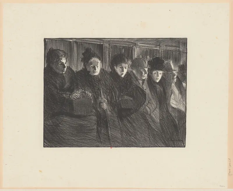 A crowded tram interior with passengers displaying various expressions and body language.