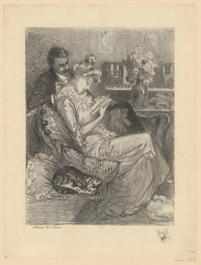 A woman reading in a cozy room with a man beside her and a cat in the foreground, illuminated by soft light.