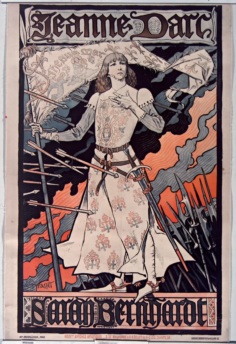 A stylized depiction of Sarah Bernhardt as Joan of Arc, surrounded by swirling clouds and flames.