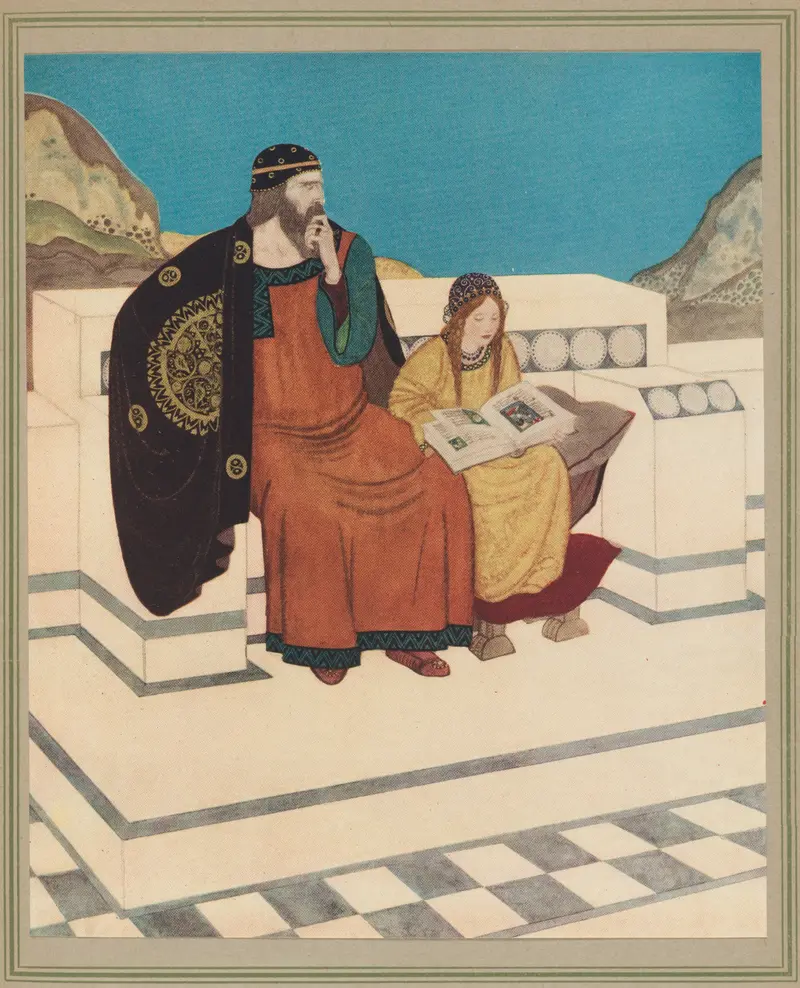 An older man in a gold-patterned cloak and a young woman in a yellow robe are engaged in a thoughtful exchange over a book.